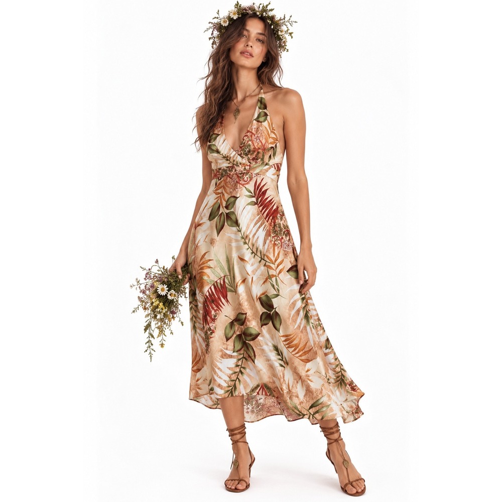 Y2K Woodland Fairy Floral Handkerchief Hem Dress s Large Asymmetric Halter Fall